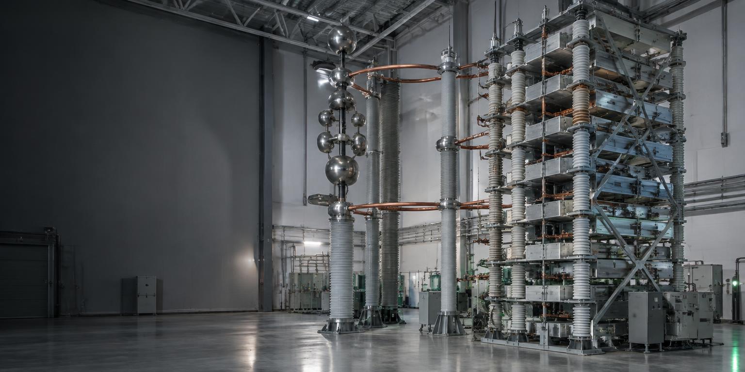 High-voltage impulse generator with stacked capacitors and insulator columns in a testing laboratory